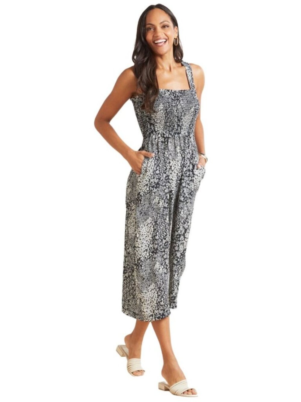 NEW Roan + Ryan Evereve Gianna Smocked Jumpsuit Black Cream Wide Leg S Cute